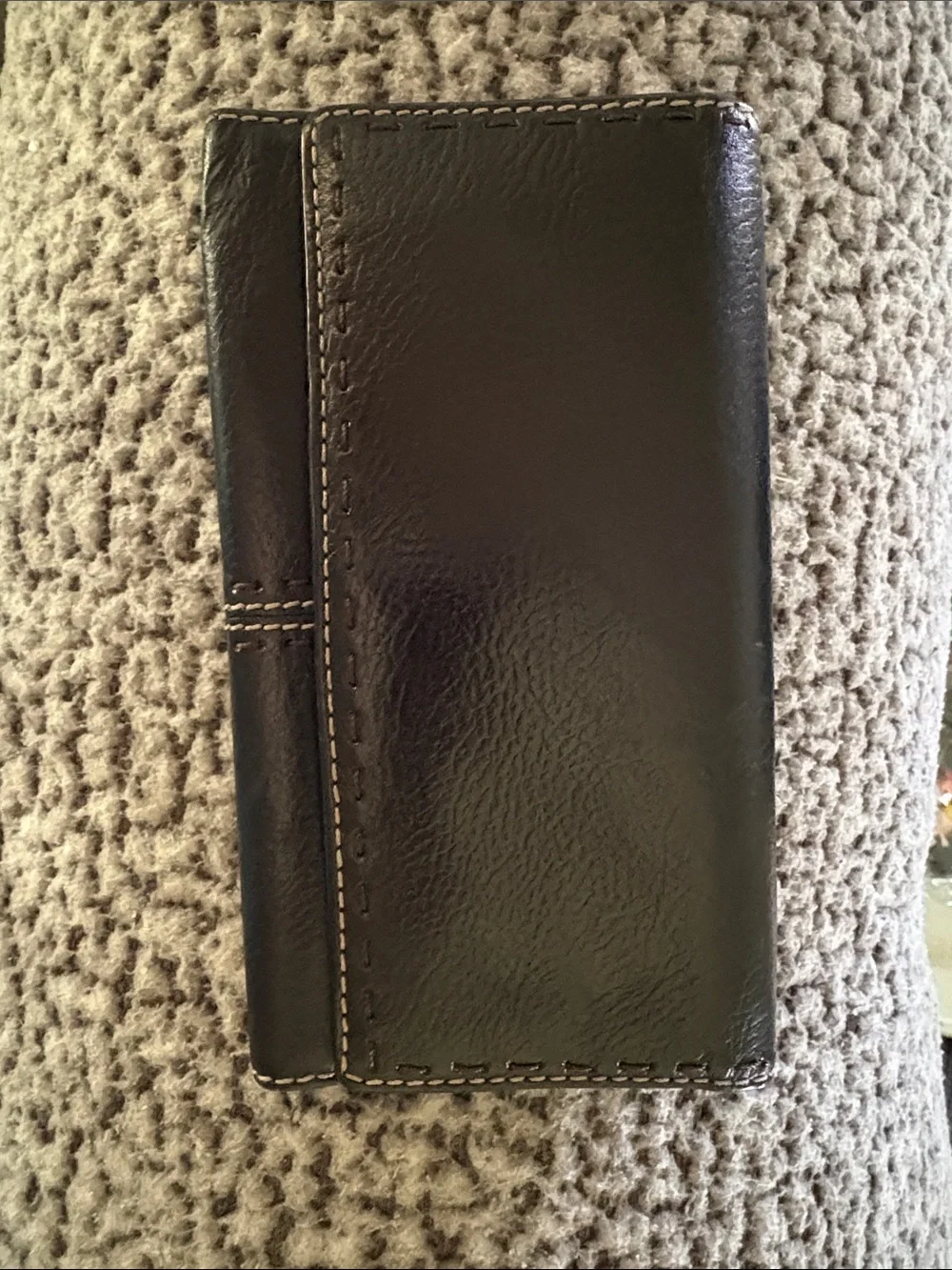 Fossil Clutch Trifold Black Leather Organizer Wallet VTG Stitch Accent